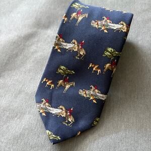 Benjamin James Silk Equestrian Tie Horse & Fox Hunt Print Navy Red Gold 58x3.75